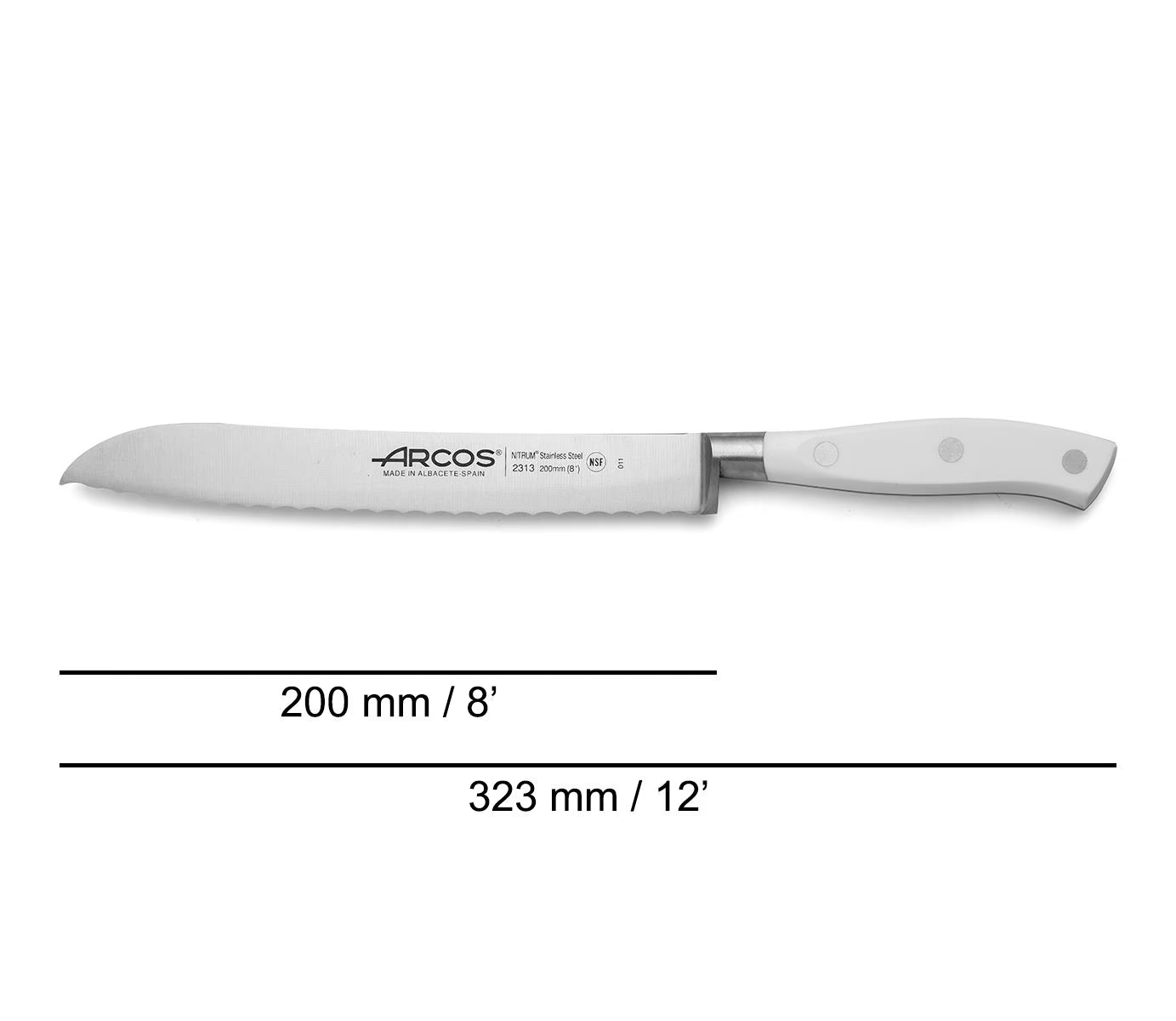 BREAD KNIFE Serrated 200 MM. Color: White, NITRUM® Forged Stainless Steel Polyoxymethylene (POM), Arcos