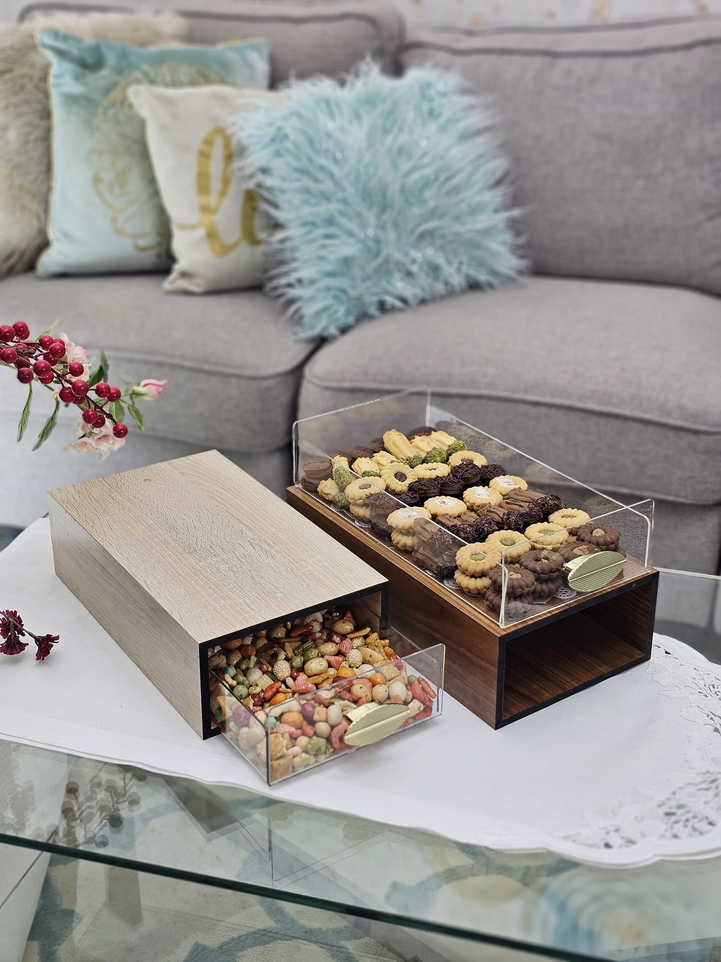 DR-L-BG | DR-S-BG SET of Rectangular & Square Nuts and Sweets Box Large Beige