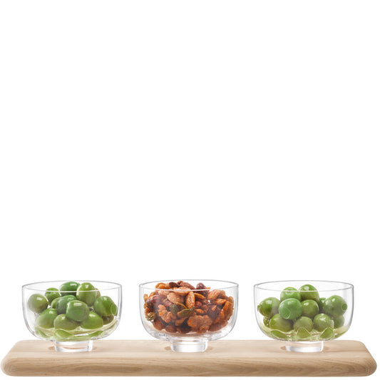 Serve Arch Trio Bowl Set & Oak Base L33cm Clear