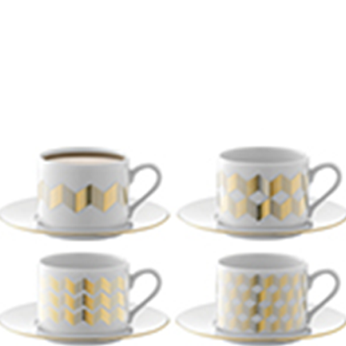 Chevron Teacup & Saucer 250ml Gold Assorted x 4