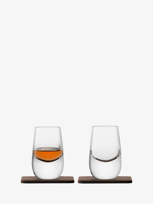Whisky Islay Shot Glass 80ml Clear & Walnut Coaster x 2