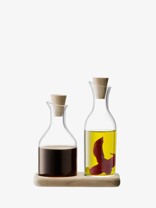 Serve Oil & Vinegar Set & Oak Base L15cm Clear