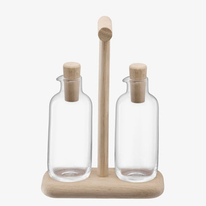 Oil & Vinegar Bottle Set with Oak Wood Stand