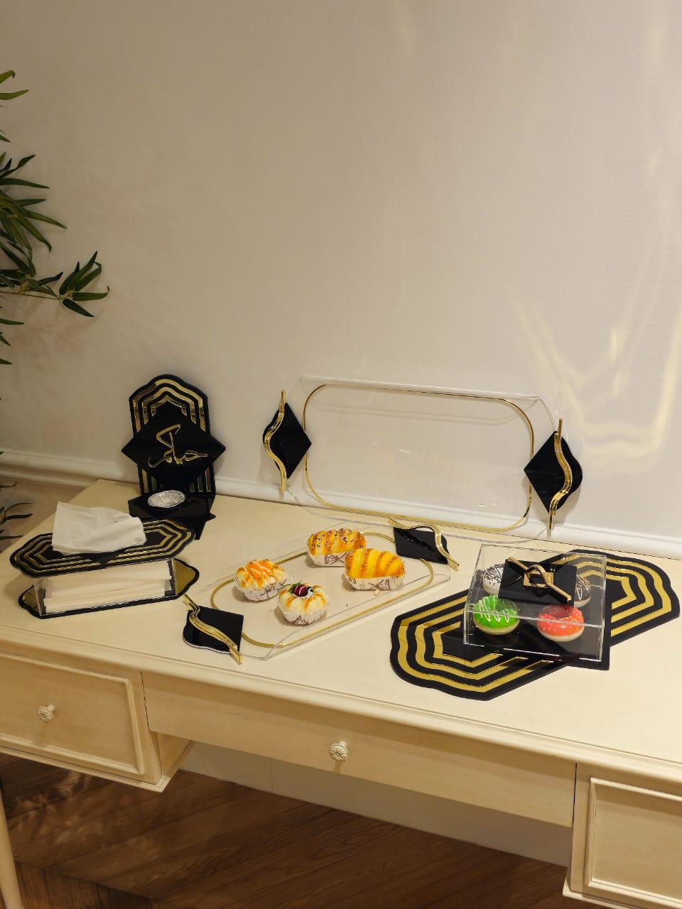 SQ BK Set of Acrylic Serving Box, Incense Burner, Tray and Tissue Box - BLACK (TU-SQ | BR-SQ | BX- SQ | TR-M-SQ | TR-L-SQ)