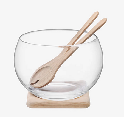 Serve Salad Set & Oak Base D27cm Clear