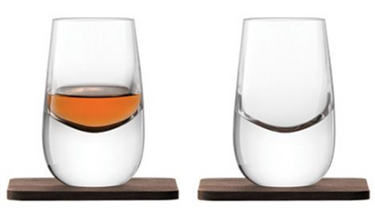 Whisky Islay Shot Glass 80ml Clear & Walnut Coaster x 2