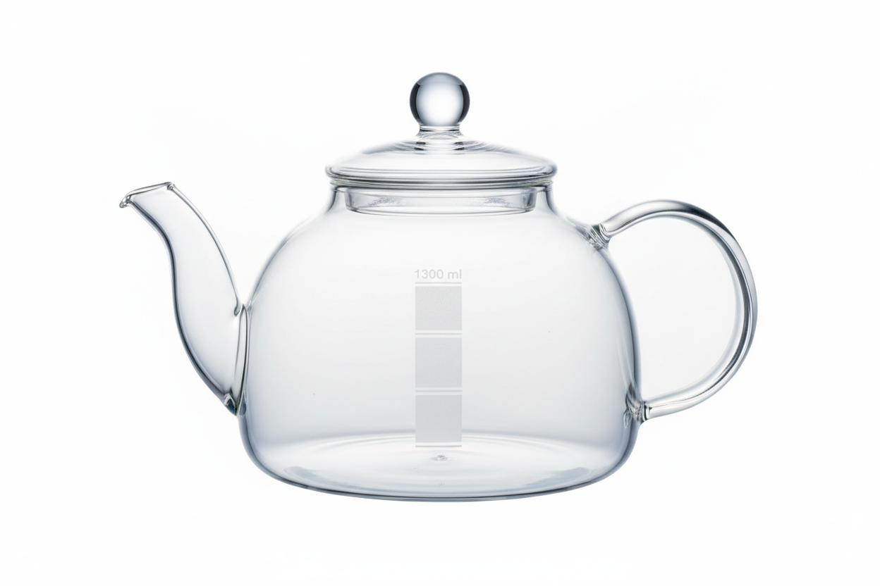 a borosilicate teapot with an indicator that says "1300 ml"